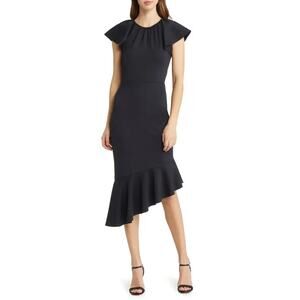 Rachel Parcell Black Ruffle Interlock Scuba Asymmetric Midi Dress Medium NWOT